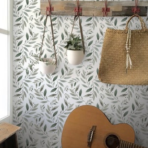 Watercolor Leafy Peel & Stick Wallpaper | Floral Removable Wallpaper | Leaves Fabric Wall Decor