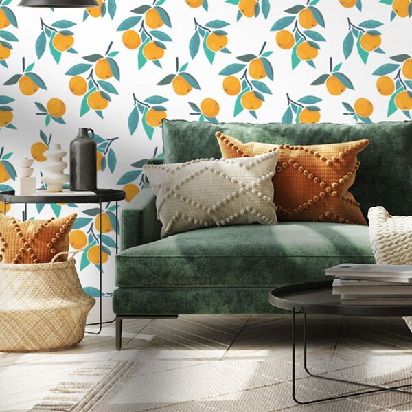 Tangerine Removable Wallpaper | Floral Peel & Stick Fabric Wallpaper | Tangerine Wall Decor