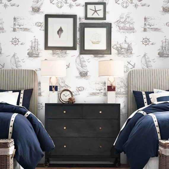 Nautical Ship Pattern Grey Removable Wallpaper Peel & Stick Etsy