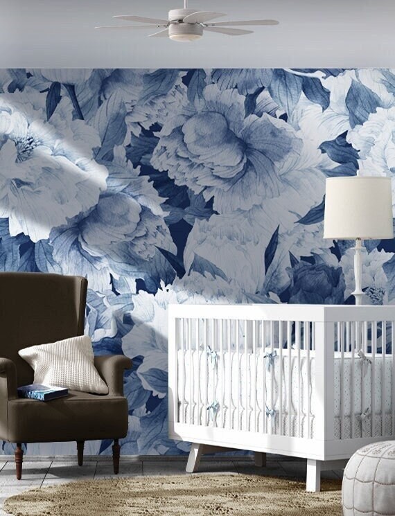 Blue Peonies Peel & Stick Wallpaper Removable Fabric Etsy