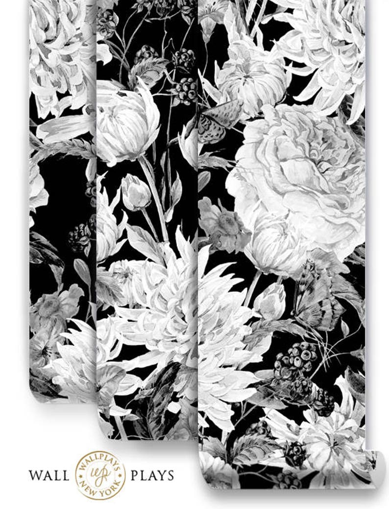Watercolor Black and White Flowers Mural Removable Wallpaper Etsy