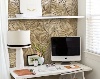 Desert Sand Palm Leaves Wallpaper | Tropical Leaves Peel & Stick Wallpaper | Modern Removable Fabric Wall Decor