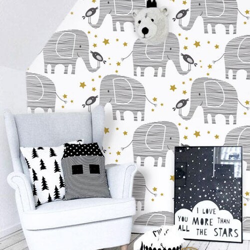 Modern Elephant Removable Wallpaper Kids Peel & Stick Fabric Etsy