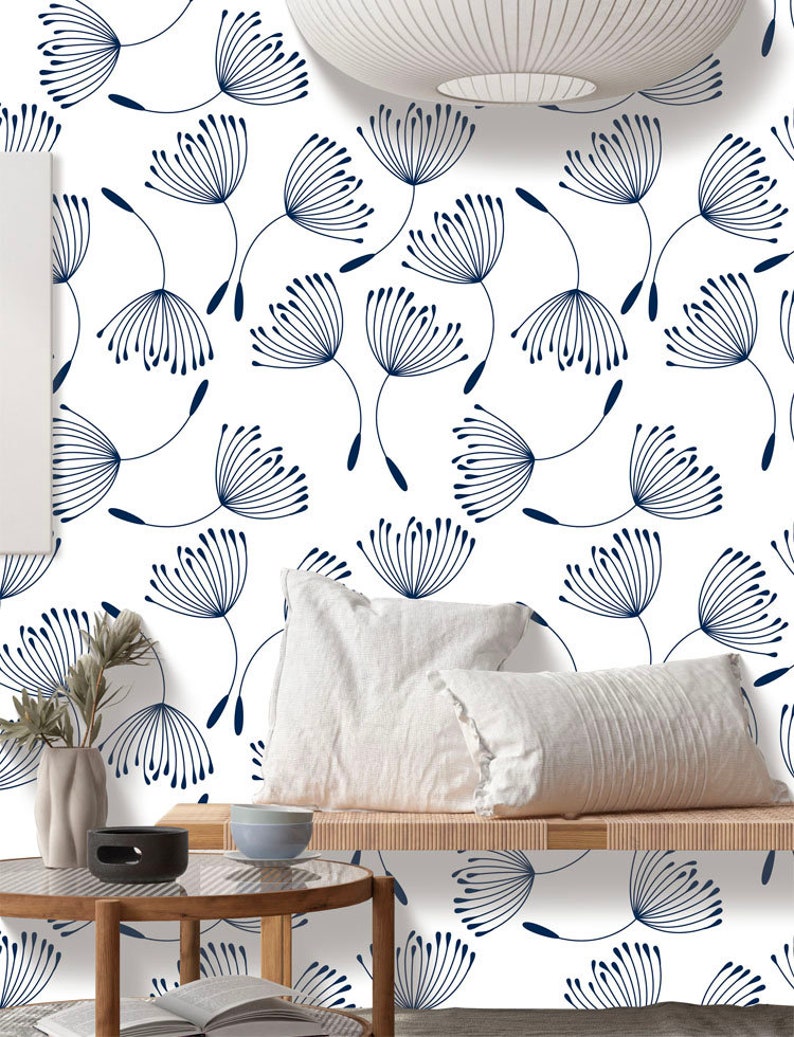 Navy Dandelion Removable Wallpaper Floral Peel & Stick Etsy