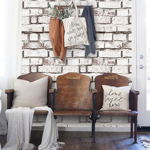 Whitewash Brick White PEEL & STICK Wallpaper Etsy