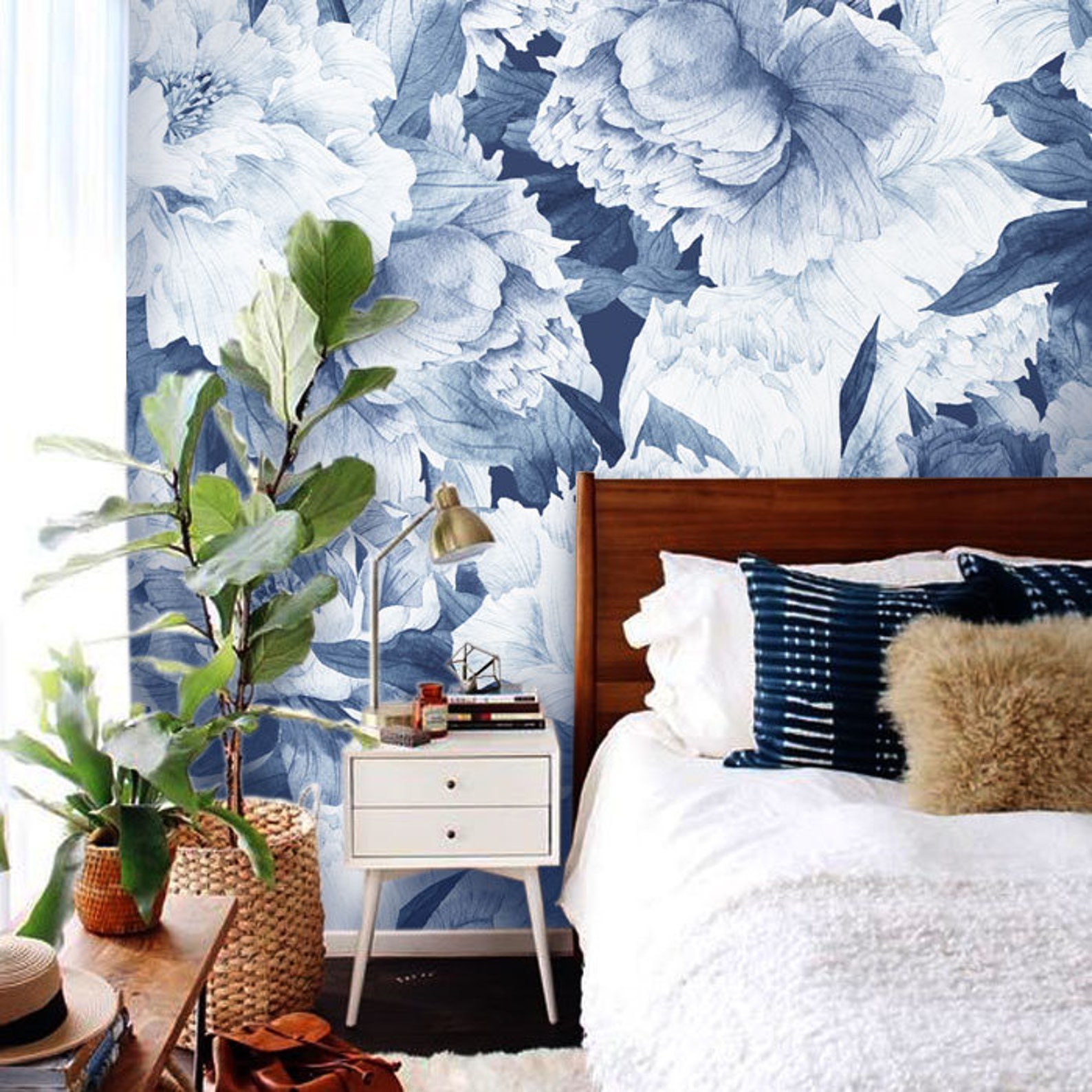 Blue Peonies Peel & Stick Wallpaper Peony Removable Etsy