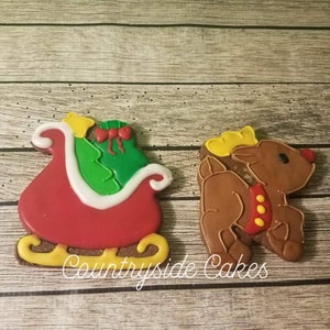 Reindeer and sleigh Christmas Decorated Sugar Cookies 3&quot; -1 dozen