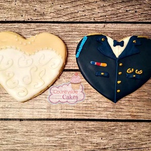 Wedding Bride and Groom Army Heart Decorated Sugar Cookies 3" -1 dozen
