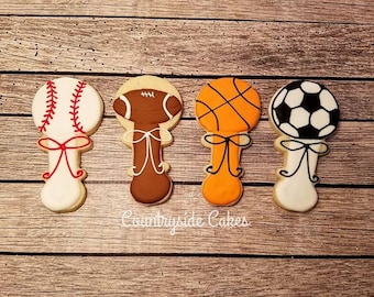 Baby Shower, Baby Rattle, Sports baby shower, Baseball, Basketball, Football, Soccer rattle decorated Sugar Cookies  -1 dozen