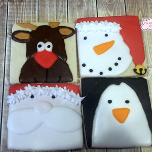 Santa, Reindeer, Snowman and Penguin Christmas Decorated Sugar Cookies 3&quot; -1 dozen