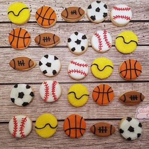 Mini Sports Decorated Sugar Cookies- Baseball, Basketball, Tennis, Volleyball , Football and Soccer 1&quot; 25 cookies