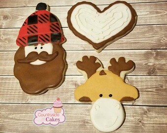 Lumberjack Decorated cookies, Moose cookies, wood cookies 3"  -1 dozen