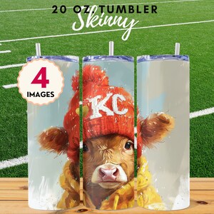 May include: A 20 oz. skinny tumbler featuring a watercolor illustration of a calf wearing a red knit hat with "KC" on it and a yellow jacket. The tumbler has a straw and the words "20 OZ TUMBLER Skinny" are at the top.