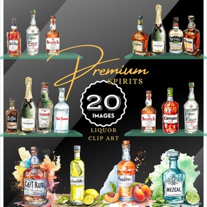 Bottiglie di liquore dell'acquerello illustrate clipart di alcol. Disegni di marca premium per il menu del tuo bar o il cartello del matrimonio. Progettazione di sublimazione.