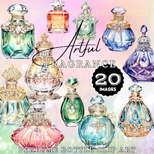 May include: A set of 20 watercolor illustrations of vintage perfume bottles. The bottles are decorated with gold, jewels, and intricate designs. The bottles are in various shapes and sizes, and they are all filled with colorful liquids. The illustrations are perfect for creating digital or printed designs.