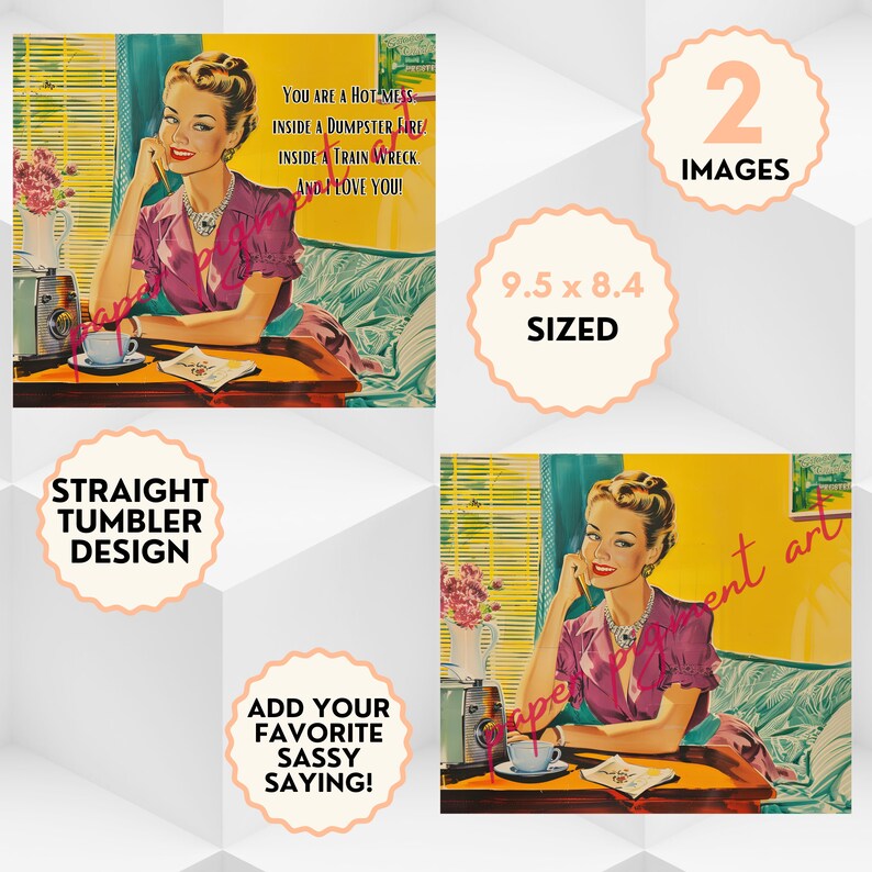 Sarcastic 1950s Housewife Tumbler wrap, is the perfect accessory for those who appreciate a touch of vintage humor. This skinny tumbler design is a hilarious conversation starter.
