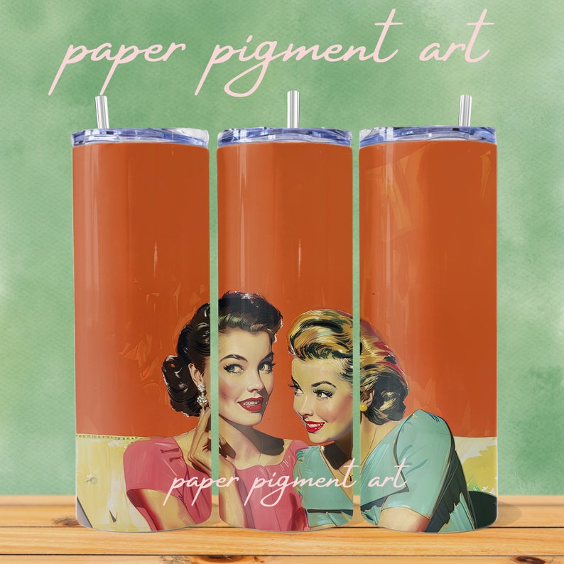 May include: Three stainless steel tumblers featuring a vintage-style image of two women whispering to each other. The tumblers are orange with a white background and the text "paper pigment art" is printed on the bottom of the tumblers.