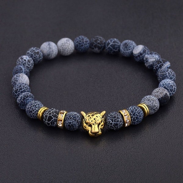 Lava Stone Bracelet 8mm and Leopard Head with Blessings | Natural Lava Stone Bracelets | Man Woman Jewelry | Pearls Black Leopard Charm