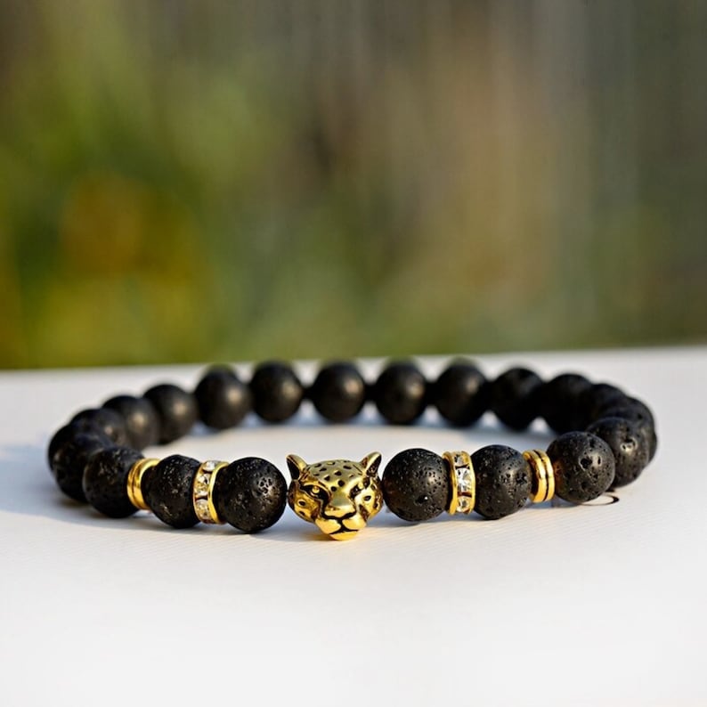 Bivei Men's Lava Rock Essential Oil Bracelet - Skull/Leopard Charm, Anti-Anxiety Gemstone Bead Bracelet