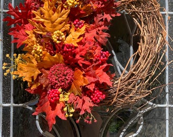 Fall Wreath | Burgundy, Red & Yellow Grapevine Wreath | Autumn Door Decor