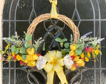 Spring Boquet Wreath |  Yellow Tulips, Lavender, Pink Flowers with Gingham Bow