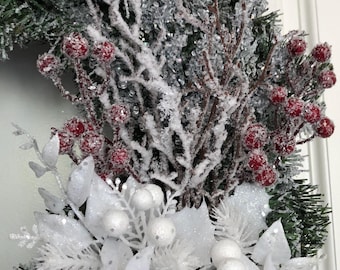 Elegant Christmas Wreath: Silver, White, and Red Winter Berries