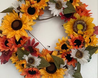 Fall Sunflower Wreath | Autumn Grapevine Wreath | Orange, Yellow & White Sunflowers