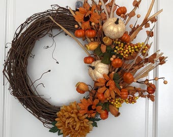 Fall/Autumn Wreath for Front Door, Pumpkins, Grapevine base, Thanksgiving Home Decor, Harvest theme