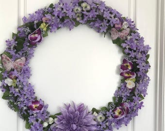 Handcrafted Purple Lilac Pansy Wreath, Butterfly Garden Door Decor (26" Diameter)