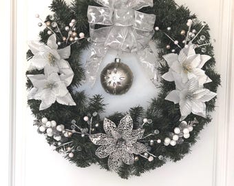 18" Silver Poinsettia Wreath, Minimalist Faux Pine Front Door Decor (Unlit)