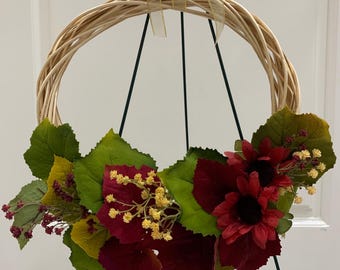 Fall Wreath: Burgundy Green Velvet Leaves, Baby's Breath, Sunflowers (14 Inch)