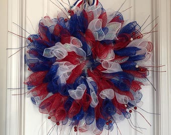Fourth of July/Memorial Day/Veterans Day festive Red White and Blue Mesh Wreath