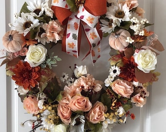 Fall Wreath for Front Door – Autumn Pumpkin & Harvest Grapevine Wreath