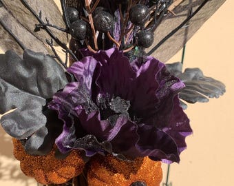 Handmade Halloween Wreath | Purple, Black, Orange, Fairy Lights (batteries not included)