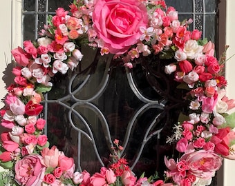 Pink Rose & Tulip Wreath: Spring Summer Decor (24-inch)