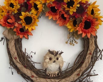 Handmade Wreath: Grapevine, Fall Sunflowers, Orange Burgundy, Nestled Owl