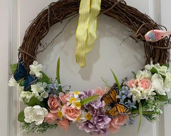 Spring Summer Floral Wreath | Handmade | Grapvine | Pastel with Pops of Yellow | Butterfly and Bird