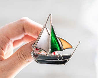 Stained glass Ship Brooch Broach Pin Gift for Woman Girl Her Decoration Bronze Jewelry Tiffany technique