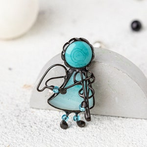 Stained Glass Angel Blue Brooch violin Christmas Gift Pin musical Gift for Her Women Gift With fiddle, catgut