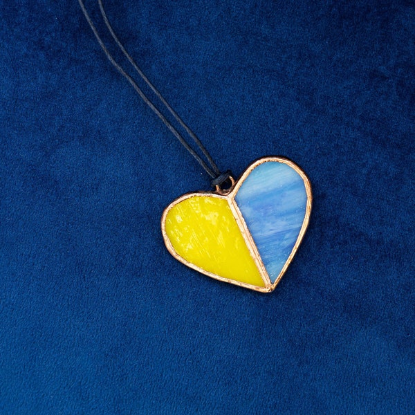 Heart Blue Yellow Stained glass Pendant Necklace Ukraine Jewelry pendant Flag Patriot