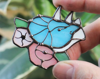 Stained Glass Brooch Rhinoceros Woman Green Broach Pin Rhino Ukraine Jewelry Nature Ornament