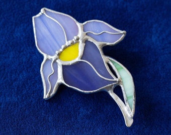 Stained Glass Blue Brooch Flower Iris Woman Broach Pin Ukraine Jewelry Flora Plant