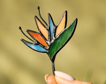 Stained Glass Brooch Strelitzia Flower Woman Green Broach Pin Vintage Ukraine Jewelry Nature Ornament Flora Plant