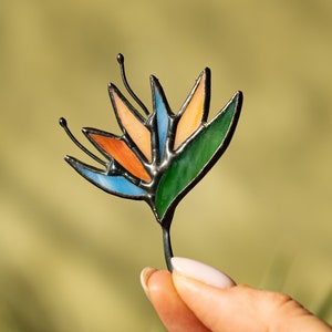 Stained Glass Brooch Strelitzia Flower Woman Green Broach Pin Vintage Ukraine Jewelry Nature Ornament Flora Plant image 1