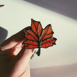 Stained Glass Brooch Red Canadian Leaf Woman Broach Pin Mothers gift Ukraine Jewelry Tiffany Interesting Decoration Maple Leaf image 3