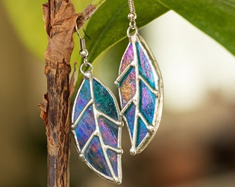 Blattförmige Buntglas Blau Ohrringe Schöne Kronleuchter Mütter Geschenk für sie Frau Tiffany-Technik Schmuck Natur Ornament Art