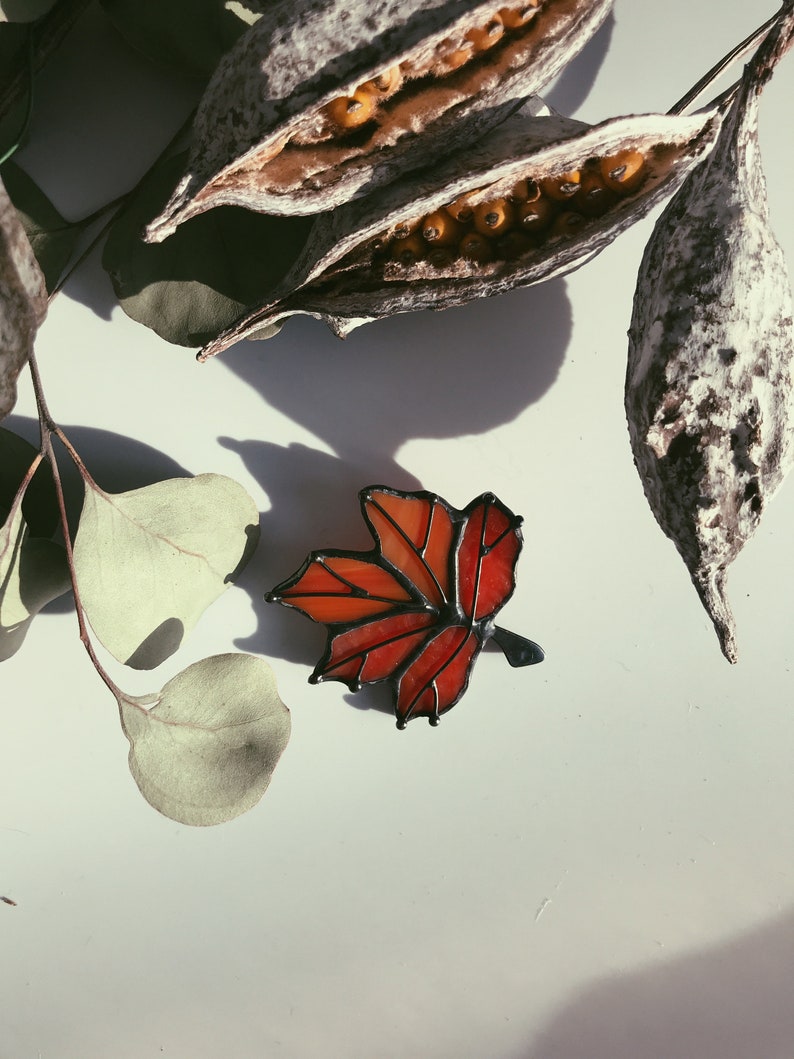 Stained Glass Brooch Red Canadian Leaf Woman Broach Pin Mothers gift Ukraine Jewelry Tiffany Interesting Decoration Maple Leaf image 7