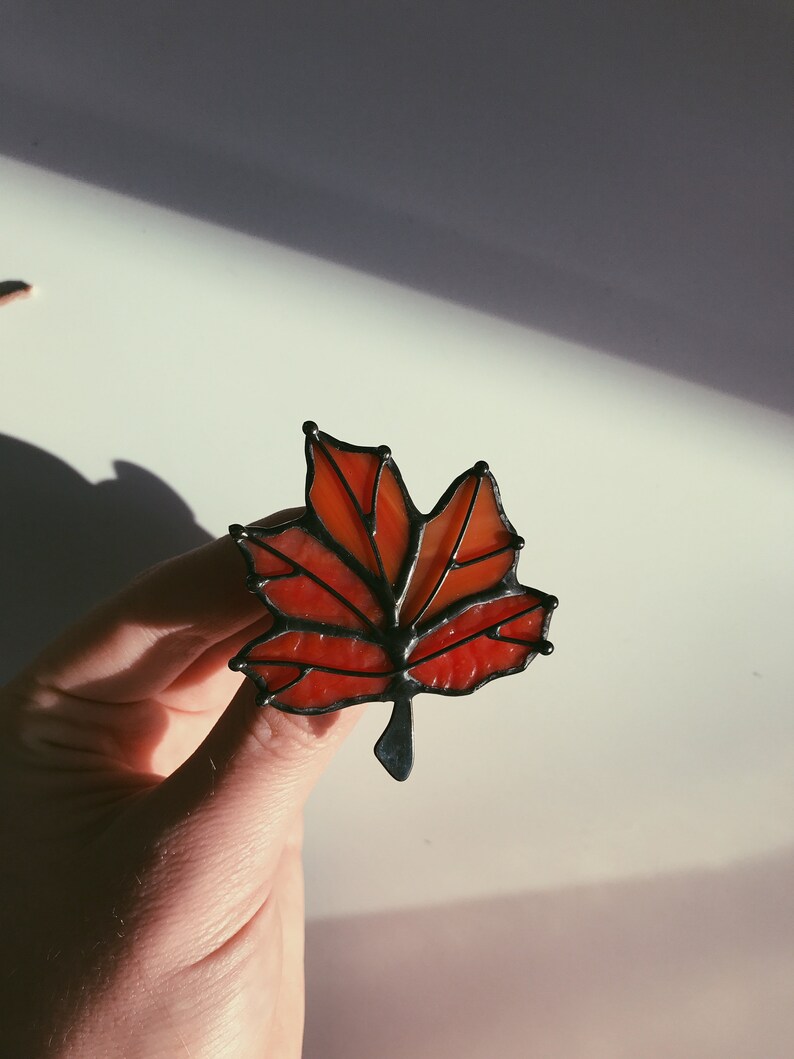 Stained Glass Brooch Red Canadian Leaf Woman Broach Pin Mothers gift Ukraine Jewelry Tiffany Interesting Decoration Maple Leaf image 6