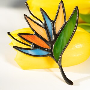 Stained Glass Brooch Strelitzia Flower Woman Green Broach Pin Vintage Ukraine Jewelry Nature Ornament Flora Plant image 2