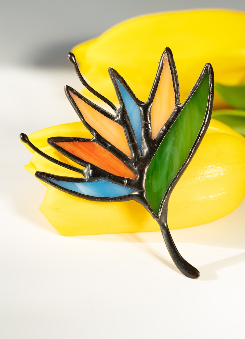 Stained Glass Brooch Strelitzia Flower Woman Green Broach Pin Vintage Ukraine Jewelry Nature Ornament Flora Plant image 2